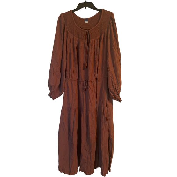 NWT Old Navy Plus Brown Midi Length Dress Smocking Tie Front Size XXL - Picture 1 of 3